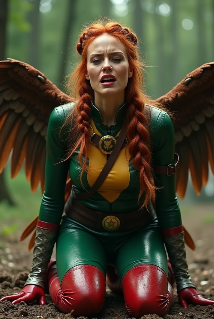 (((De primerísimo primer plano una hermosa mujer de rodillas yelling))),(((Long red hair tied up in a braided ponytail))),(((green top suit with yellow in the middle))),(((Cali green leather pants with red shorts over the pants))),(((Charlize Theron under the mantle of Shayera Holl aka Hawkgirl ))),(((On knees gritando de dolor))),(((leather suit with tiny scales on the suit))),(((Large brown giant falcon wings))),(((Silver metal bracelets on their wrists))),(((Long red boots up to her knees))),(((On knees))),(((yelling))),(((mortally wounded))),(((Blood on his chest))),(((cursed cemetery))),(((Blood all around his body))),(((Wide brown harness on her chest with a round gold plate and a hawk as the Hawkgirl emblem))),(((Green top with yellow in the middle))),(((Top Wonder Woman)))