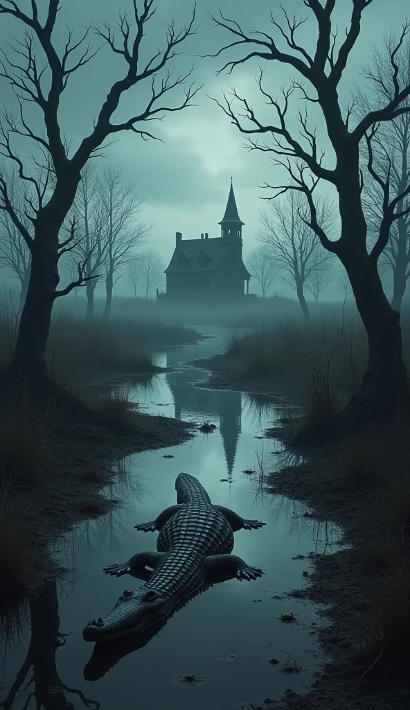 Color photos of dark and ominous landscapes, RPG adventure set in a medieval world. This scene、It depicts a gloomy and desolate land., Twisted dead trees stretching towards the gloomy sky. In the distance, Haunted houseは、It stands as a chilling reminder of the mystery that lies within.. The surrounding marshes are shrouded in mist., adding an eerie atmosphere to the scene. In the murky waters of Swamp, A lurking crocodile appears, Its eyes shine with a predatory gaze.. Decaying Tree々Combination of, Haunted house, Swamp, and、The presence of crocodiles、Creates an atmosphere of suspense and danger. It's a scene that immerses the viewer in a dark fantasy world., Heroes navigate dangerous landscapes、Face a formidable foe、You must unravel the secrets that haunt the land
