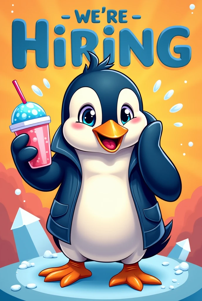 Were hiring poster with penguin holding iced drink


