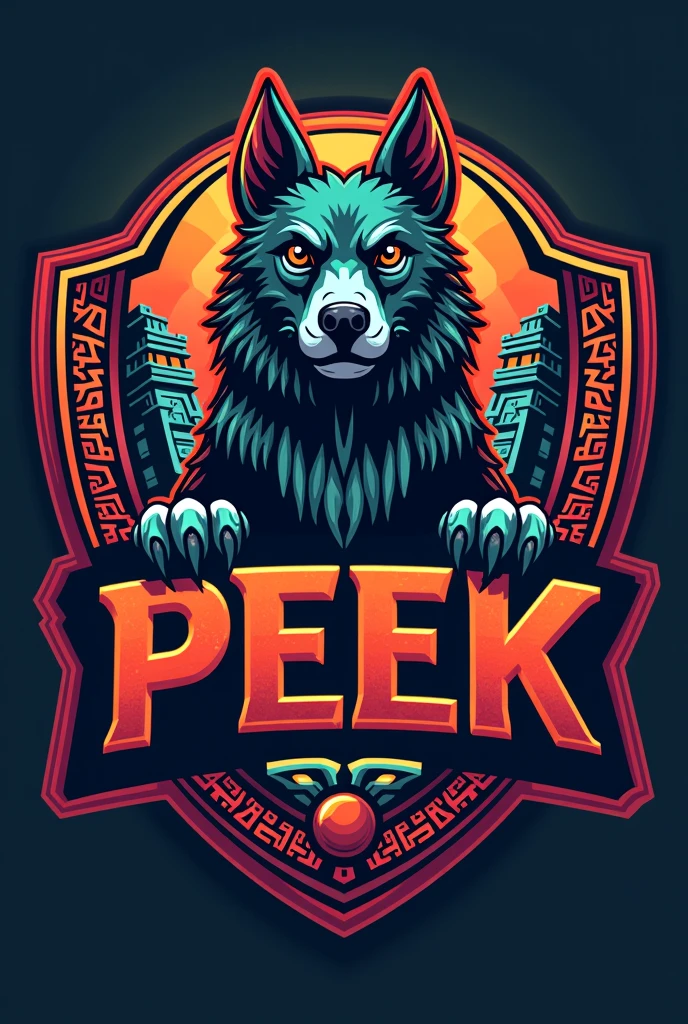 mayan style dog logo, for a sports team named Peek and that has striking colors but the dog looks imposing and that everything is surrounded by a border in the shape of a Mayan shield that has the name Peek with striking words that the border has more Aztec details that has the dog glyph that has more details of Mayan structures in the background and in the shield that has more vibrant colors