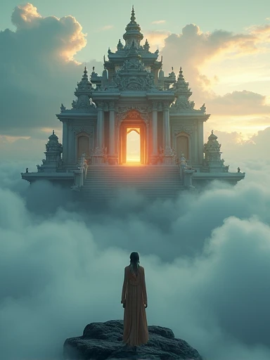 detailed ancient goddess temple, floating above the clouds, peaceful yet powerful, 1 woman, serene facial expression, ornate goddess-like robes, detailed intricate architecture, glowing ethereal light, dramatic cloudy sky, cinematic lighting, volumetric fog, highly detailed, 8k, photorealistic, digital art