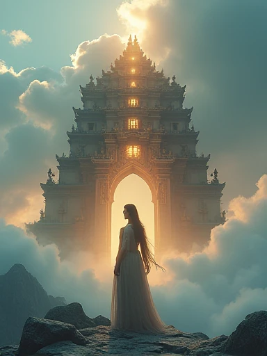 detailed ancient goddess temple, floating above the clouds, peaceful yet powerful, 1 woman, serene facial expression, ornate goddess-like robes, detailed intricate architecture, glowing ethereal light, dramatic cloudy sky, cinematic lighting, volumetric fog, highly detailed, 8k, photorealistic, digital art