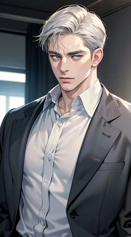 (best quality, masterpiece, 8K, photorealistic, cinematic lighting, hdr image, ultra detailed, beautiful image), 1 man, 3, mature man, very handsome, (without expression, serious), short white hair, blue grey eyes ( penetrating gaze), perfect face without errors, imposing posture, without errors, businessman, office background