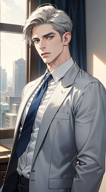 (best quality, masterpiece, 8K, photorealistic, cinematic lighting, hdr image, ultra detailed, beautiful image), 1 man, 3, mature man, very handsome, (without expression, serious), short white hair, blue grey eyes ( penetrating gaze), perfect face without errors, imposing posture, without errors, businessman, office background