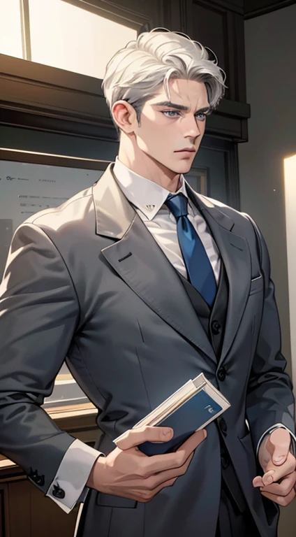 (best quality, masterpiece, 8K, photorealistic, cinematic lighting, hdr image, ultra detailed, beautiful image), 1 man, 3, mature man, very handsome, (without expression, serious), short white hair, blue grey eyes ( penetrating gaze), perfect face without errors, imposing posture, without errors, businessman, office background