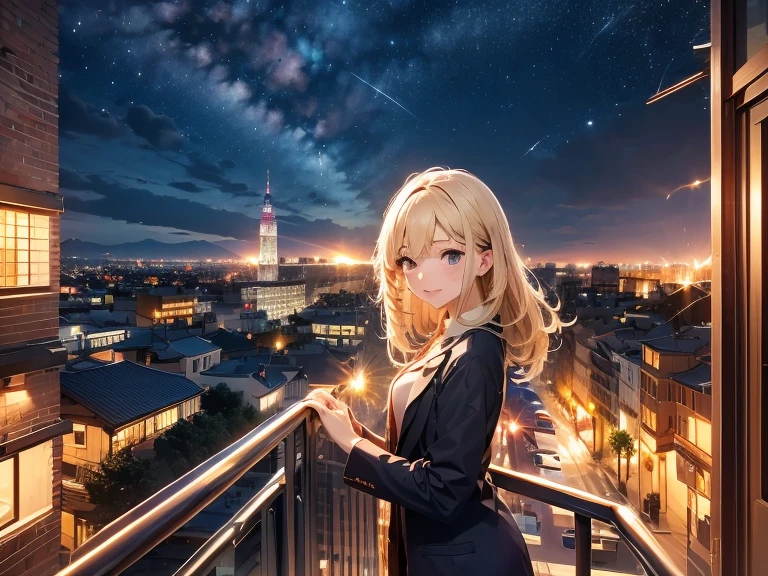 Highest quality、beautiful girl、Wizard、City、Above、building、rooftop、night、looking at the camera