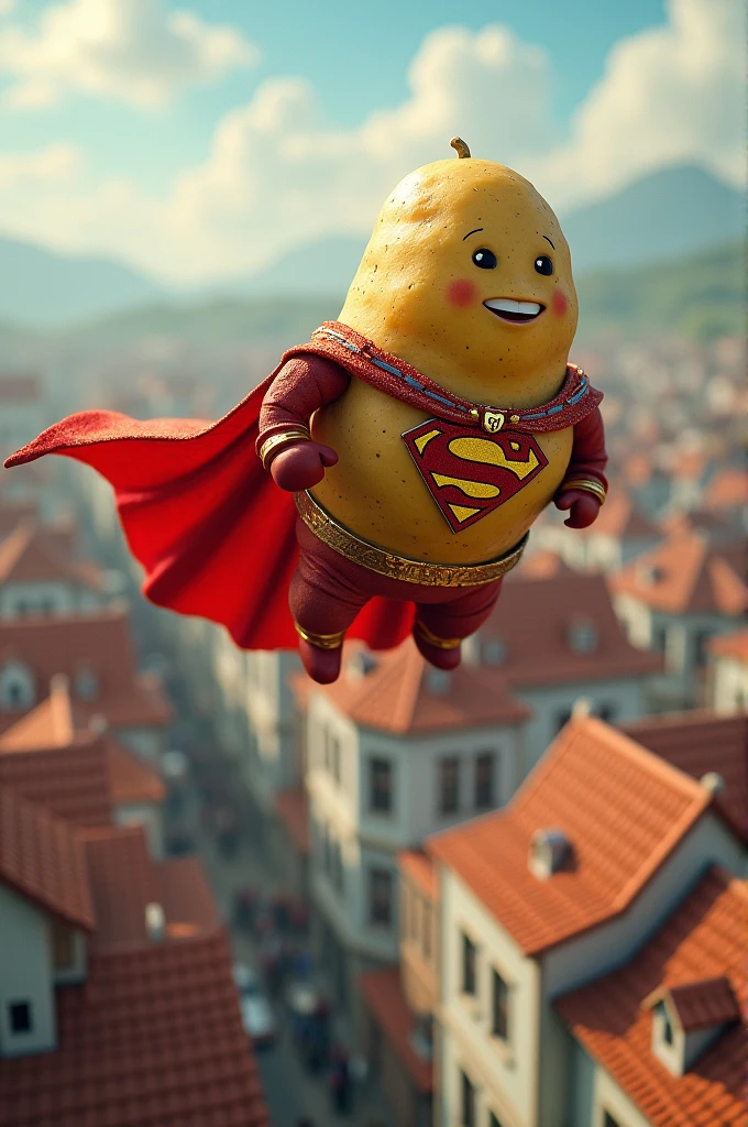 Une patate en super héros qui vole audessus des maison pour sauver des enfant