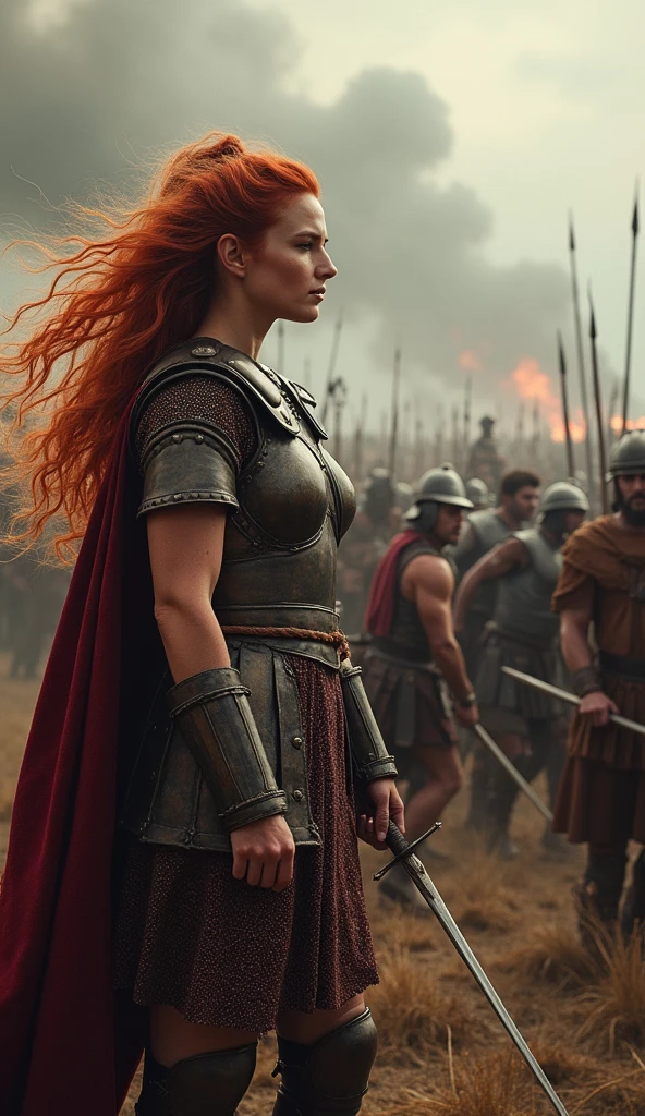 Create an ultra-realistic and dramatic depiction of the Roman forces attempting to subdue the rebellious Iceni tribe led by Boudica. The scene is set on a battlefield, with Roman soldiers in detailed, authentic armor and weaponry, including gladius swords, pilum spears, yelping battle cries, and the iconic Roman shields. The Romans are depicted as aggressive and disciplined, advancing with formations and siege equipment. On the other side, the Iceni tribe, led by the fierce and resolute Boudica, is shown in a defiant and chaotic resistance. Boudica, depicted with a commanding presence, has wild red hair and is adorned in traditional British warrior attire, including fur and leather, brandishing a spear or sword. Her face is fierce and determined, leading her people with a look of unwavering resolve. The background features a tumultuous scene of conflict, with smoke rising from burning huts, the clash of weapons, and the chaos of battle. The landscape is rugged and war-torn, with remnants of the Iceni settlements visible, illustrating the harsh reality of the confrontation. The atmosphere is tense and filled with the sounds of battle, capturing the intensity and struggle of this historic conflict