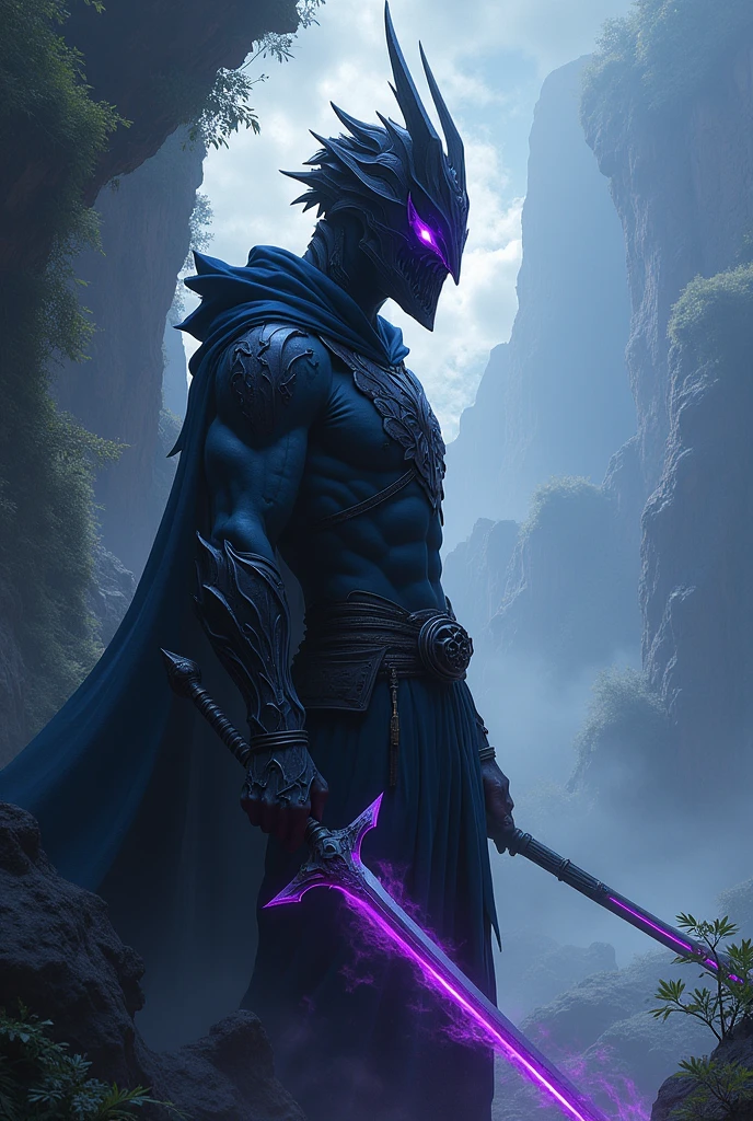 A profile name ARYA with standing mas kman bg is like nature space not lady I want man and bg like space nature yes this image is good but I want cool mask on it it is scary I awant with flame sword purple and peace