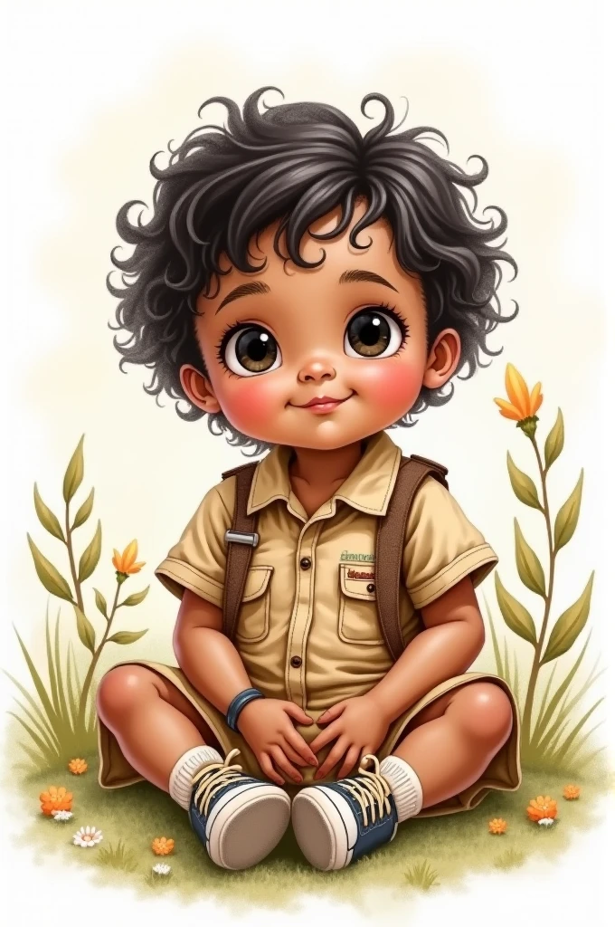 Drawing of a sitting baby with short black curly hair, black eyes, brunette wearing a Safari themed dress, sitting with sneakers on her feet.