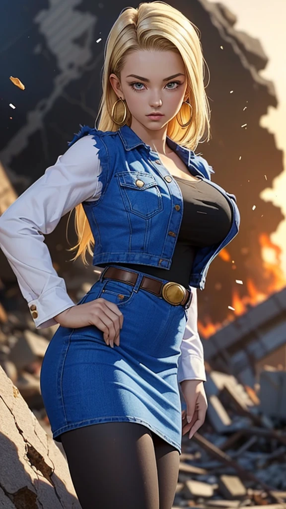 (ultra realistic,32k, masterpiece:1.2),(high detailed skin:1.1),( high quality:1.1),
android 18, 1girl, solo, (blue eyes:0.70), long hair, blonde hair, earrings,denim skirt, blue skirt, pencil skirt, black shirt, long sleeves, striped sleeves, brown belt, black pantyhose, denim vest, blue vest,,huge breast,large breast,,(looking at viewer, standing, from above:1.1),, (lighting:1.1),   (tattered torn clothing:1.1), destroyed buildings, collapsed buildings,(falling rocks,falling particles:1.1),fire, smoke,  blurry background,