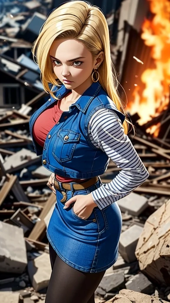 (ultra realistic,32k, masterpiece:1.2),(high detailed skin:1.1),( high quality:1.1),
android 18, 1girl, solo, (blue eyes:0.70), long hair, blonde hair, earrings,denim skirt, blue skirt, pencil skirt, black shirt, long sleeves, striped sleeves, brown belt, black pantyhose, denim vest, blue vest,,huge breast,large breast,,(looking at viewer, standing, from above:1.1),, (lighting:1.1),   (tattered torn clothing:1.1), destroyed buildings, collapsed buildings,(falling rocks,falling particles:1.1),fire, smoke,  blurry background,