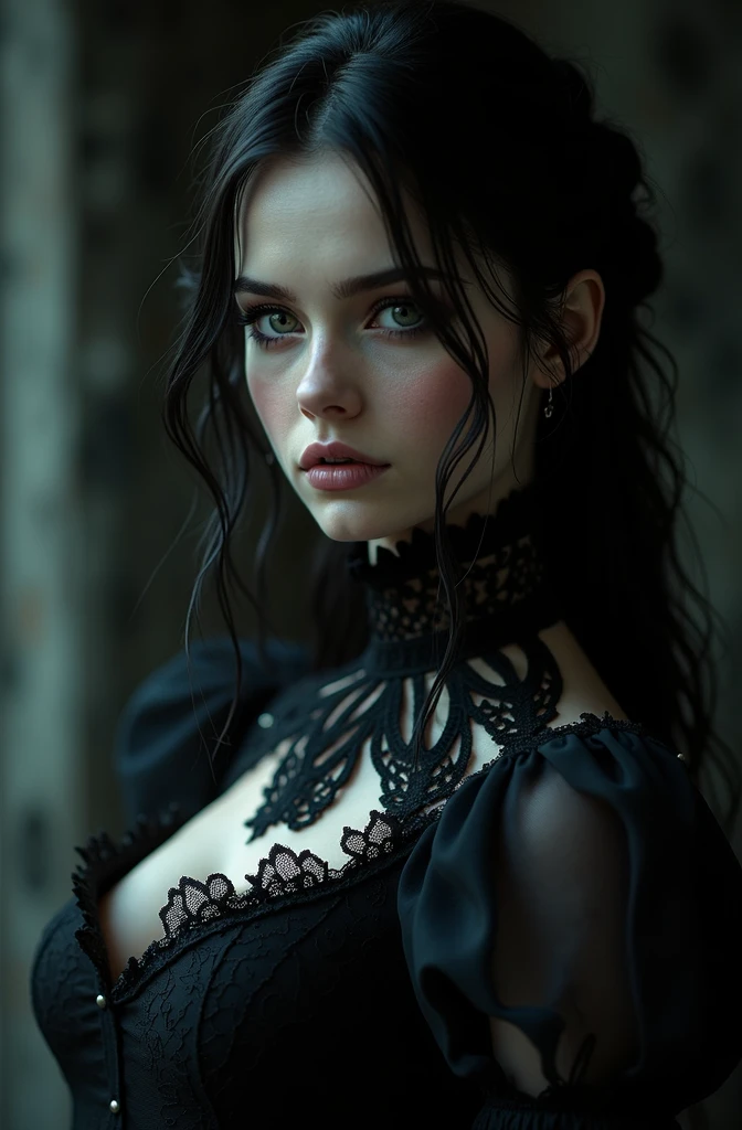 Vampire woman calm and deep look , a sad peak , beautiful face , with a very pretty gothic dress