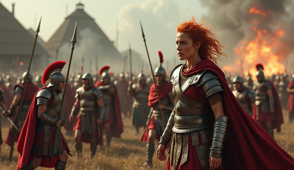 Create an ultra-realistic and dramatic depiction of the Roman forces attempting to subdue the rebellious Iceni tribe led by Boudica. The scene is set on a battlefield, with Roman soldiers in detailed, authentic armor and weaponry, including gladius swords, m spears, yelping battle cries, and the iconic Roman shields. The Romans are depicted as aggressive and disciplined, advancing with formations and siege equipment. On the other side, the Iceni tribe, led by the fier resolute Boudica, is shown in a defiant and chaotic resistance. Boudica, depicted with a commanding presence, has wild red hair and is adorned in traditional British warrior attire, including fur and leather, brandishing a spear or sword. Her face is fierce andmined, leading her people with a look of unwavering resolve. The background features a tumultuous scene of conflict, with smoke rising from burning huts, the clash of weapons, and the chaos of battle. The landscape is rugged and war-torn, with remnants of the Iceni settlements visible, illustrating the harsh reality of the confrontation. The atmosphere is tense and filled with the sounds of battle, capturing the intensity and struggle of this historic conflict