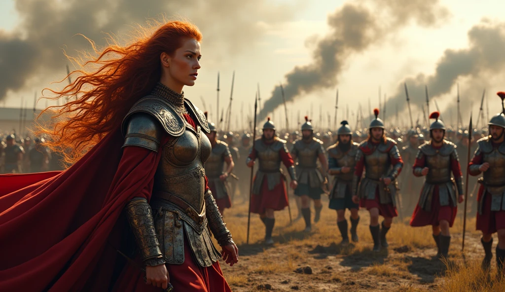 Create an ultra-realistic and dramatic depiction of the Roman forces attempting to subdue the rebellious Iceni tribe led by Boudica. The scene is set on a battlefield, with Roman soldiers in detailed, authentic armor and weaponry, including gladius swords, pilum spears, yelping battle cries, and the iconic Roman shields. The Romans are depicted as aggressive and disciplined, advancing with formations and siege equipment. On the other side, the Iceni tribe, led by the fierce and resolute Boudica, is shown in a defiant and chaotic resistance. Boudica, depicted with a commanding presence, has wild red hair and is adorned in traditional British warrior attire, including fur and leather, brandishing a spear or sword. Her face is fierce and determined, leading her people with a look of unwavering resolve. The background features a tumultuous scene of conflict, with smoke rising from burning huts, the clash of weapons, and the chaos of battle. The landscape is rugged and war-torn, with remnants of the Iceni settlements visible, illustrating the harsh reality of the confrontation. The atmosphere is tense and filled with the sounds of battle, capturing the intensity and struggle of this historic conflict