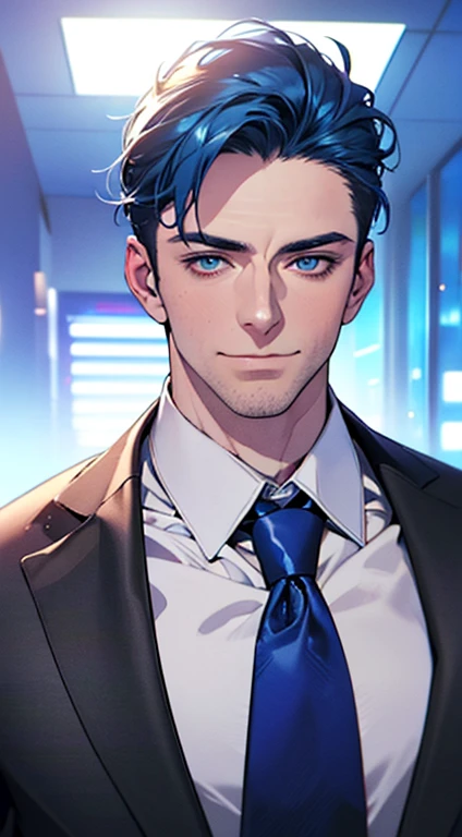 (best quality,4k,8k,highres,masterpiece:1.2),ultra-detailed,(realistic,photorealistic,photo-realistic:1.37),1 man,3,mature man,very handsome,without expression,smile,short blue hair,blue eyes,penetrating gaze,perfect face without errors,imposing posture,businessman,office background,cinematic lighting,hdr image