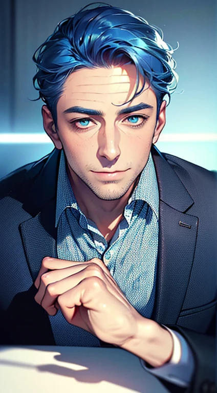 (best quality,4k,8k,highres,masterpiece:1.2),ultra-detailed,(realistic,photorealistic,photo-realistic:1.37),1 man,3,mature man,very handsome,without expression,smile,short blue hair,blue eyes,penetrating gaze,perfect face without errors,imposing posture,businessman,office background,cinematic lighting,hdr image