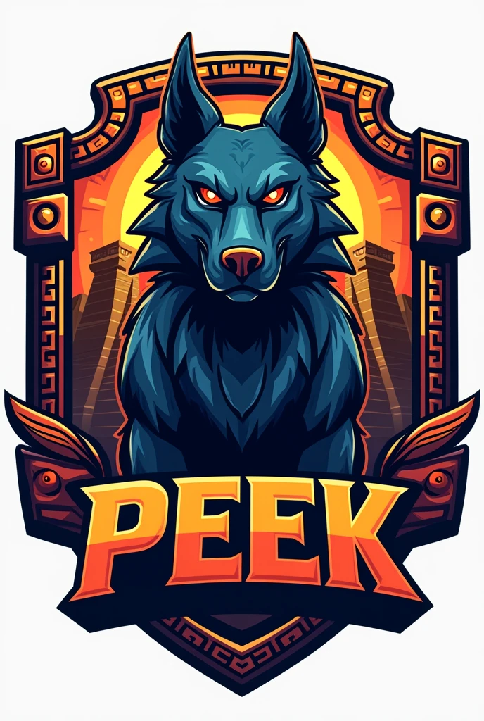 mayan style dog logo, for a sports team named Peek and that has striking colors but the dog looks imposing and that everything is surrounded by a border in the shape of a Mayan shield that has the name Peek with striking words that the border has more Aztec details that has the dog glyph that has more details of Mayan structures in the background and in the shield that has more vibrant colors