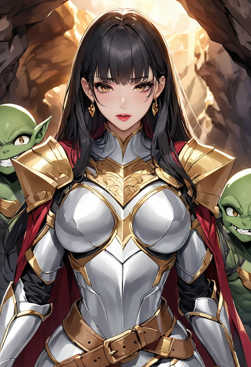 Browsing Caution, masterpiece、Highest quality、Ultra-high resolution、Maximum resolution、Very detailed、Professional Lighting、anime、Adult female、thin、so beautiful、Beautiful Face、Suffering face、Pure white full-plate armor、Shiny Armor、Golden decoration、Gold earrings、frilled armor、Black Hair、Golden Eyes、Pink Lips、Gold Belt、Cape、Shabby armor、Ready for battle、be strangled to death、cave、Attacked by Goblins、( Several Goblins: 1.2)