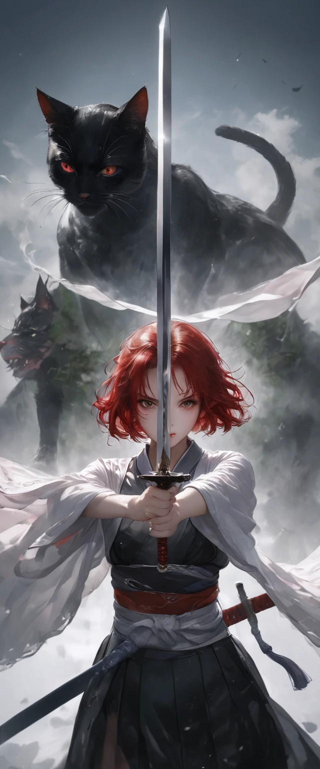 A woman in scarlet ronin clothing。Beautiful feet。Crouching。Messy red short hair。forehead。Cat ear。Cat Eyes。 White Wilderness。A world of thick fog,。Dark Eyes。clothes are blowing in the wind。Serious expression。He holds a sword at his waist.。There is a cat monster behind me。alone。Japan。black sun。Red Sky。Chiaroscuro,