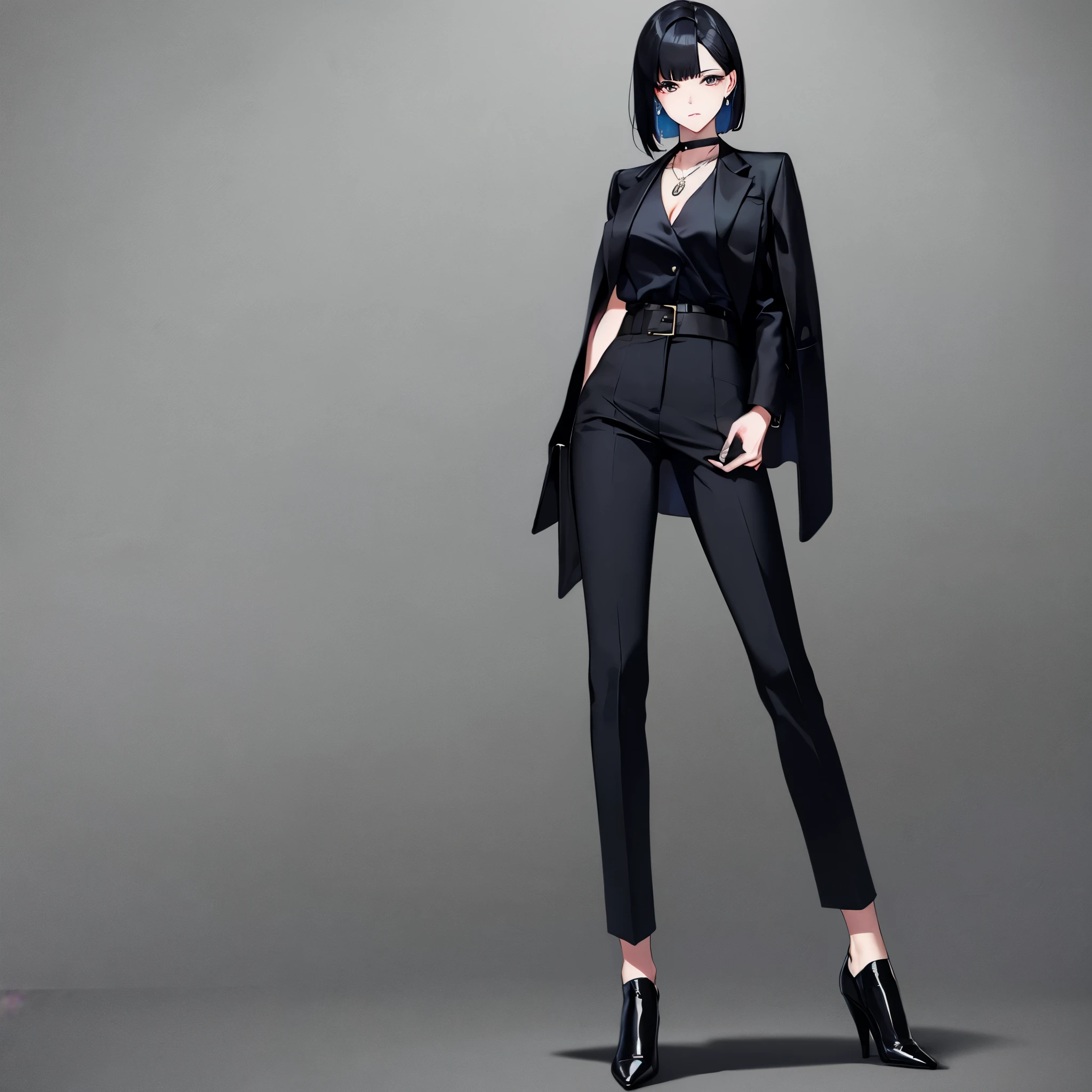 “A full-body portrait of a stylish virtual model named Aya. She has a sleek and modern short bob hairstyle, wearing a minimalistic and sophisticated monochrome outfit. Her fashion style is urban and refined, with a focus on simplicity and elegance. Aya’s outfit includes a tailored blazer, high-waisted trousers, and statement accessories like a simple yet bold necklace or earrings. Her look is completed with sleek black shoes, and she stands confidently, exuding a sense of calm and sophistication