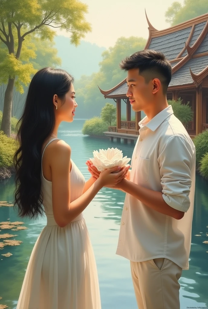 full lenght 4 k In the middle of the garden of love flowers, a beautiful young woman, gentle and sweet, with long black hair flowing, wearing a white Dusit Thai dress, a shimmering white strapless top, wearing a gold and white pink sarong, a white shawl, is picking jasmine flowers into a small basket. There is a young man who looks like Luo Yunxi, no shirt, wearing white and gold sari pants, long black hair tied loosely, sitting beside the young woman. The morning atmosphere is beautiful. The freshness of the green atmosphere of the love flowers section, by the small stream. Oil painting, modern painting, art painting by Professor Chalermchai