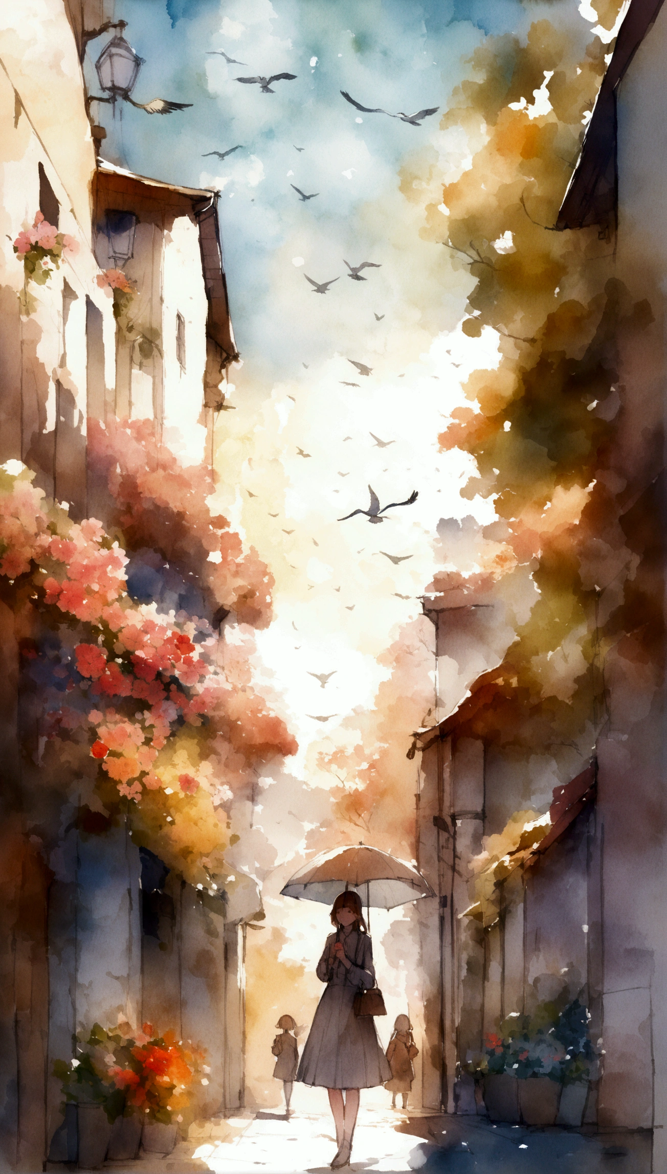 flowers and birds, sketch, Watercolor color two people holding umbrella