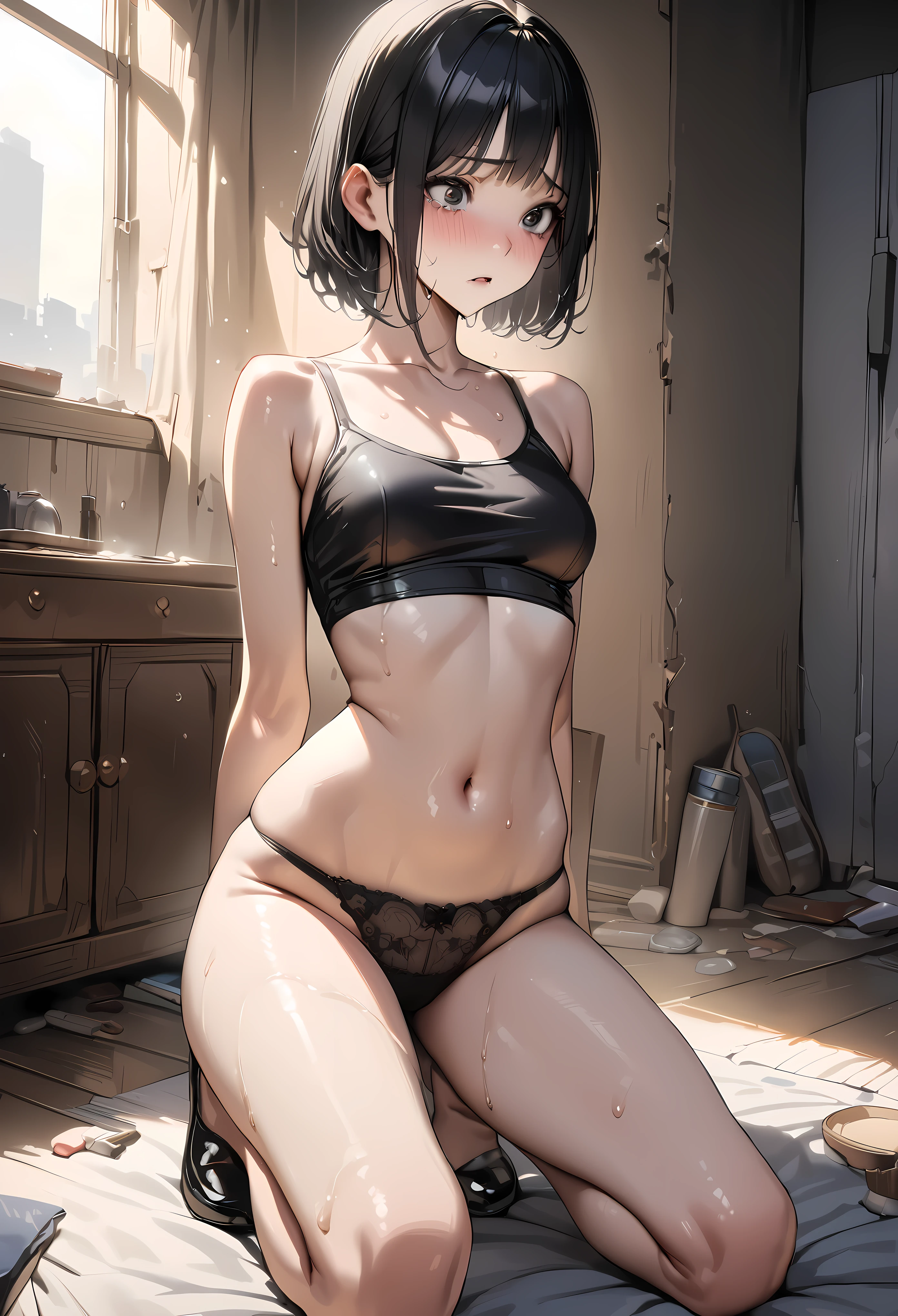 ((masterpiece,best quality anime,Highest quality:1.3)),realistic,cowboy shot,1woman,(30 year old beauty),((very small head:1.4)),((very long body:1.4)),(short bob hair),black hair,(gorgeous big eyes),black eyes,tears,((slender body:1.4,skinny:1.3)),medium breasts,Black tube top shirt、Crop length,navel、Black panties,Punk Fashion、Black leather shoes、squatting,sweat,oily skin,gleaming skin,shiny skin,Ruined bedroom,New York City、