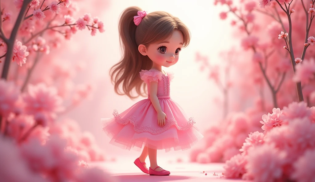 A real girl with a half ponytail, wearing a pink princess dress and shoes, standing in pink with flowers, a pink princess background with flowers.