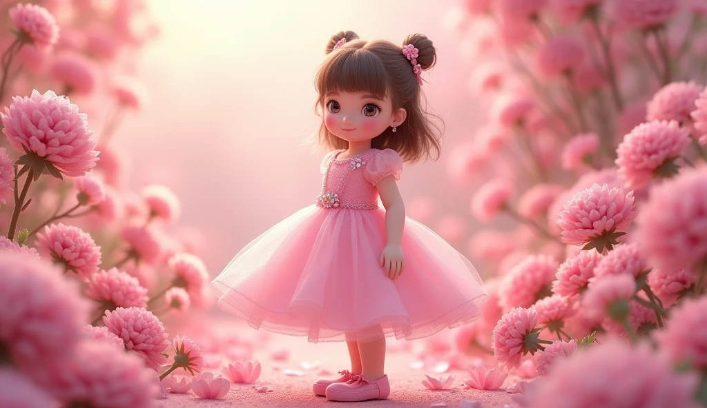 A real girl with a half ponytail, wearing a pink princess dress and shoes, standing in pink with flowers, a pink princess background with flowers.
