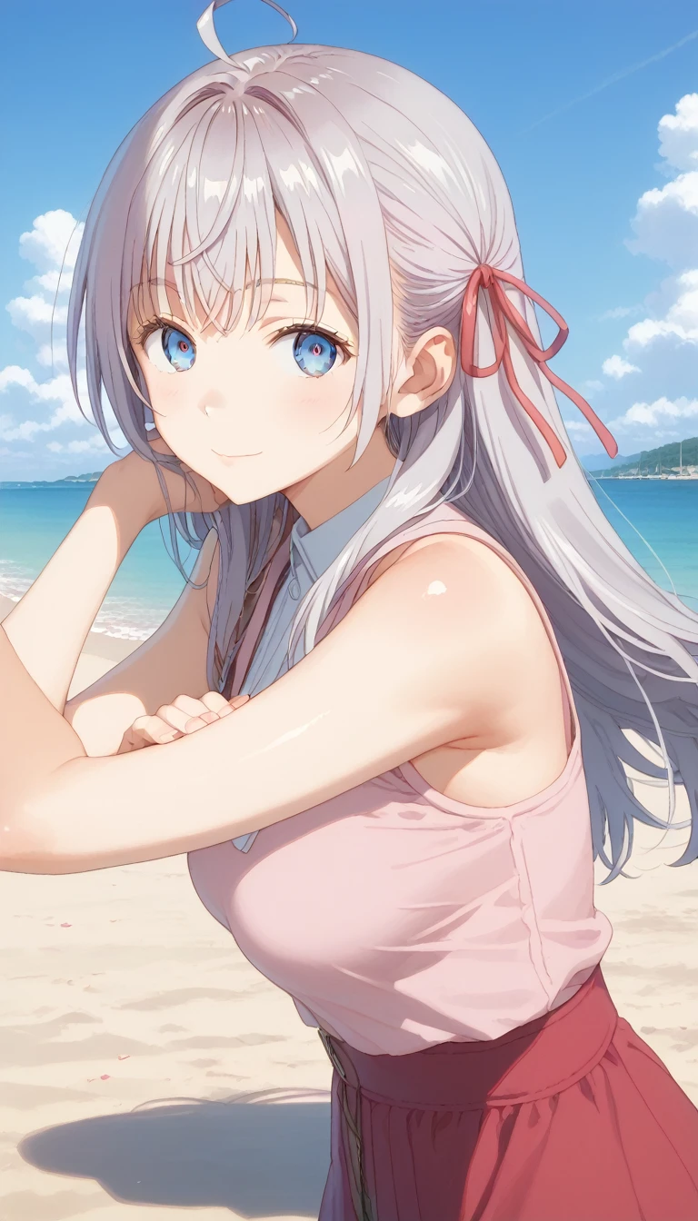 score_9, score_8_up, score_7_up, source_anime, masterpiece, absurdres, medium breasts, mature woman ,perfect face, 1girl, cute expression, smiling, looking at viewer, standing, arched back, beach, alisamikhailovna, alisamikhailovna kujou, long hair, bangs, blue eyes, ahoge, gray hair, red ribbon, red bikine