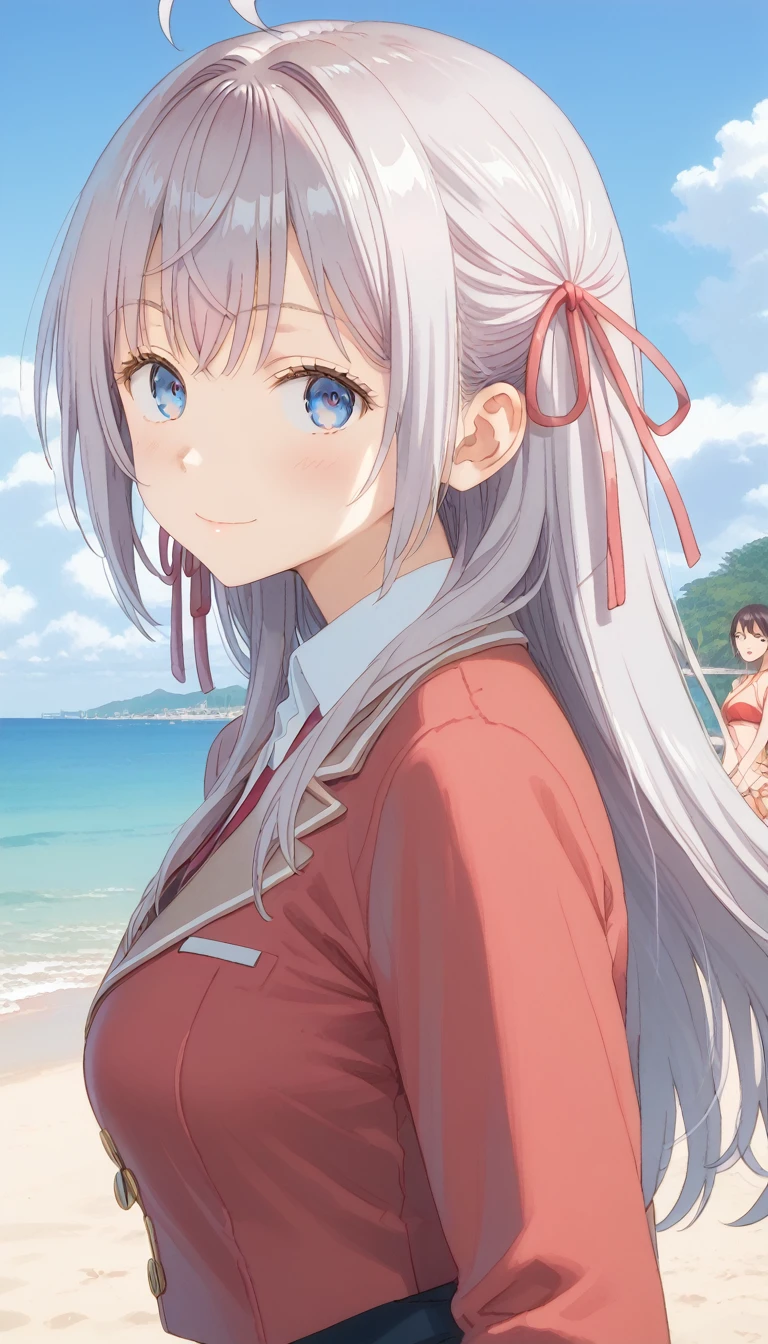 score_9, score_8_up, score_7_up, source_anime, masterpiece, absurdres, medium breasts, mature woman ,perfect face, 1girl, cute expression, smiling, looking at viewer, standing, arched back, beach, alisamikhailovna, alisamikhailovna kujou, long hair, bangs, blue eyes, ahoge, gray hair, red ribbon, red bikine