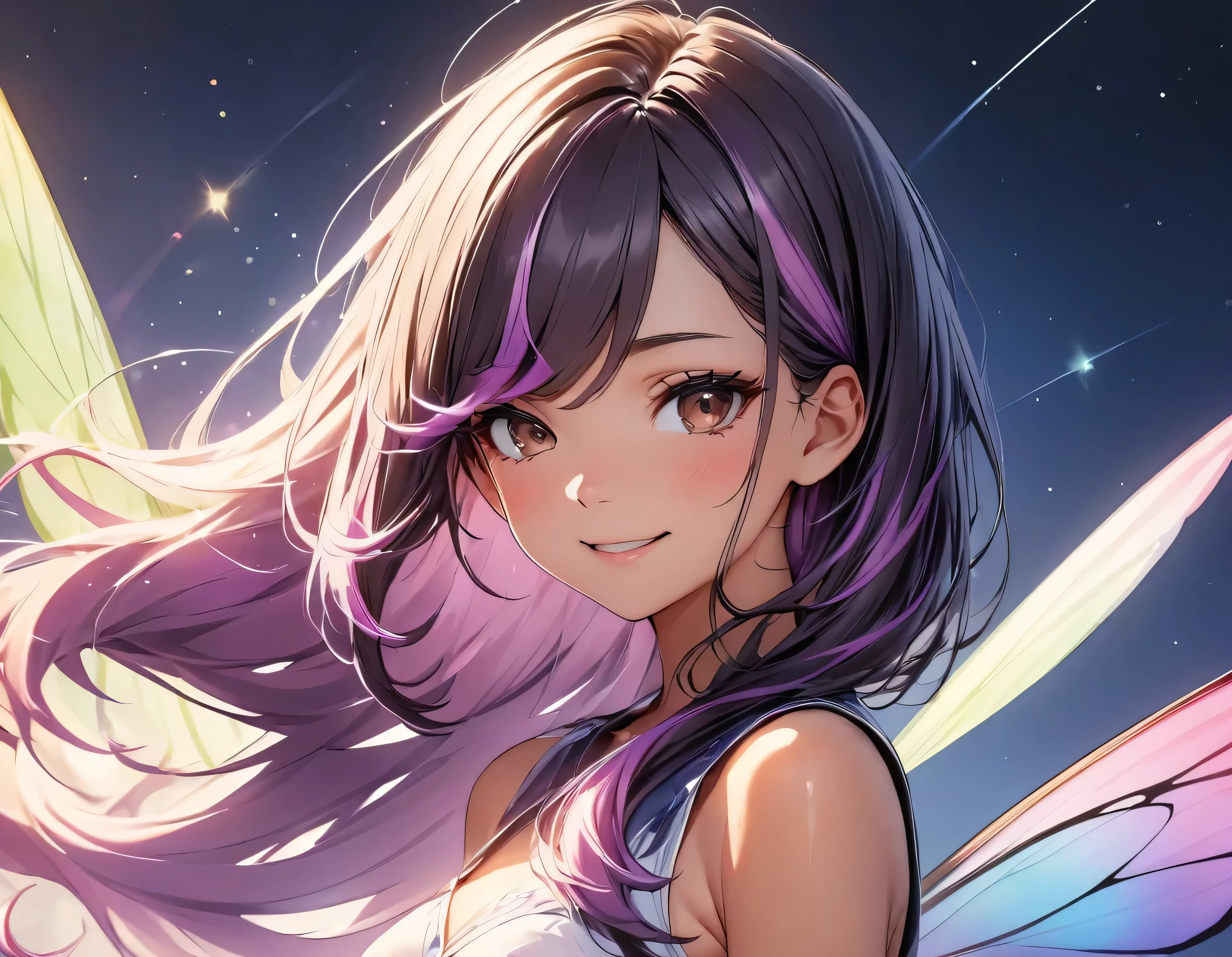 (highest quality:1.2, Very detailed, up to date, Vibrant, Ultra-high resolution, High Contrast, masterpiece:1.2, highest quality, Best aesthetics), Portraiture、girl, 25-years-old, Bright colors、Beautiful fine details、Beautiful lip detail, long hair、black and purple ((streaked hair:1.6)), highlights hair: 1.5, brown eyes, ((slim body:1.4)), (small breast:0.7), (dark skin:0.5), fairy, fairy wing, flying, happy:1, fairy land, pastel color, falling star dusts,upper body