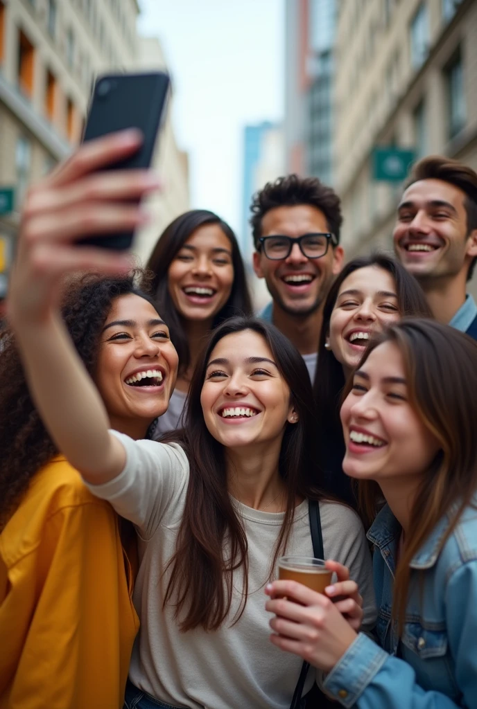 Visual Prompt: A group of friends standing together with a smartphone, trying to take a selfie. They look focused and are adjusting their poses and smiles.