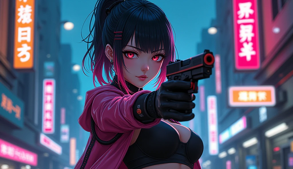 Cyberpunk , Japanese ,anime girl Holding a gun