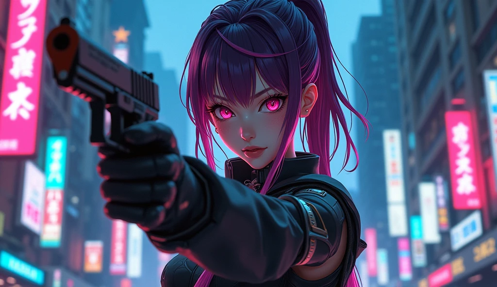 Cyberpunk , Japanese ,anime girl Holding a gun