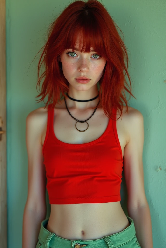 girl with medium long dark red hair with white skin and electric gray eyes wearing light green baggy pants and a red top