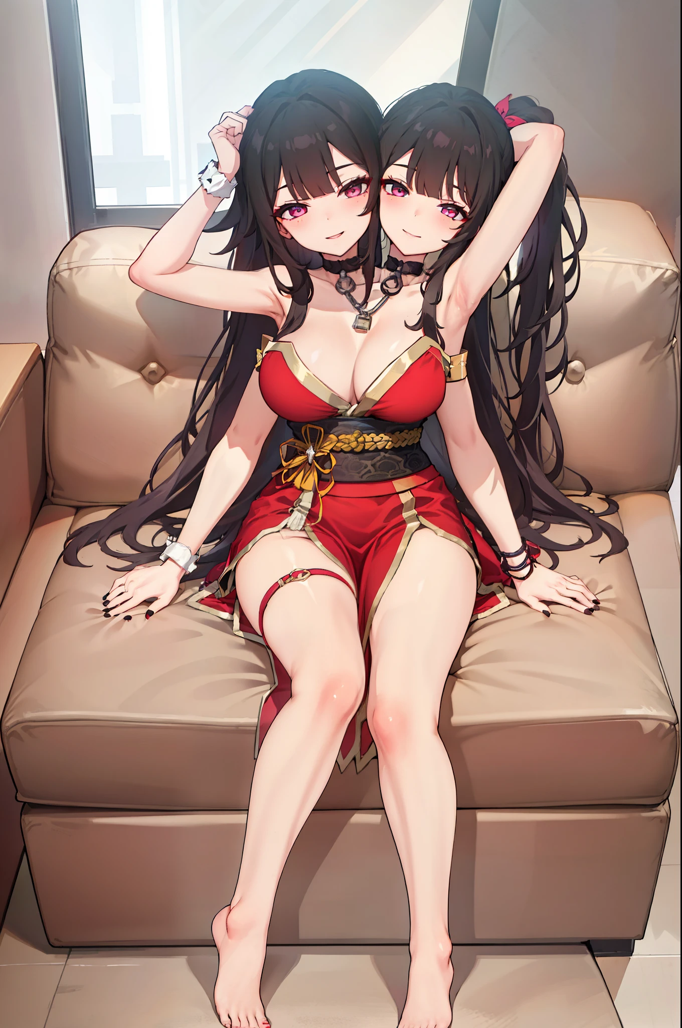(2 heads:1.3), 1 woman, Sparks \(Honkai: Star Rail\), Twintail, hair accessories, alone, Off shoulder kimono, black nails, Mask on the head, Arms separated, choker, heart, Single gloves, Wristband, Hanging rope across, thigh strap, smileที่พอใจ, sitting on the sofa, cross your legs., cross your legs, Look at the viewer., Barefoot, living room, Masterpiece, illustration, beautiful, 4K, 8ก,DSLR Photos, (8ก, 4K, Masterpiece),(Masterpiece, best quality), best resolution, (3 heads:1.5),Arms separated,arm circle, (Put your hands on your head....), (lower hand on ankle), (lower hand on leg), Full content in the frame, full body view, (four arms),(Multi-arm),(many hands), รูปร่างเพรียวบาง Masterpiece,best quality,best resolution,1 woman,many heads, upper body, smile, Facing the audience,big breasts,simple background,หน้าbeautiful,ผมbeautiful,ดวงตาbeautiful,ร่างกายที่beautifulงาม,มือbeautiful,conjoined twins