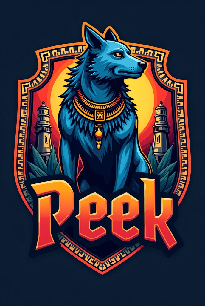 mayan style dog logo, for a sports team named Peek and that has striking colors but the dog looks imposing and that everything is surrounded by a border in the shape of a Mayan shield that has the name Peek with striking words that the border has more Aztec details that has the dog glyph that has more details of Mayan structures in the background and in the shield that has more vibrant colors
