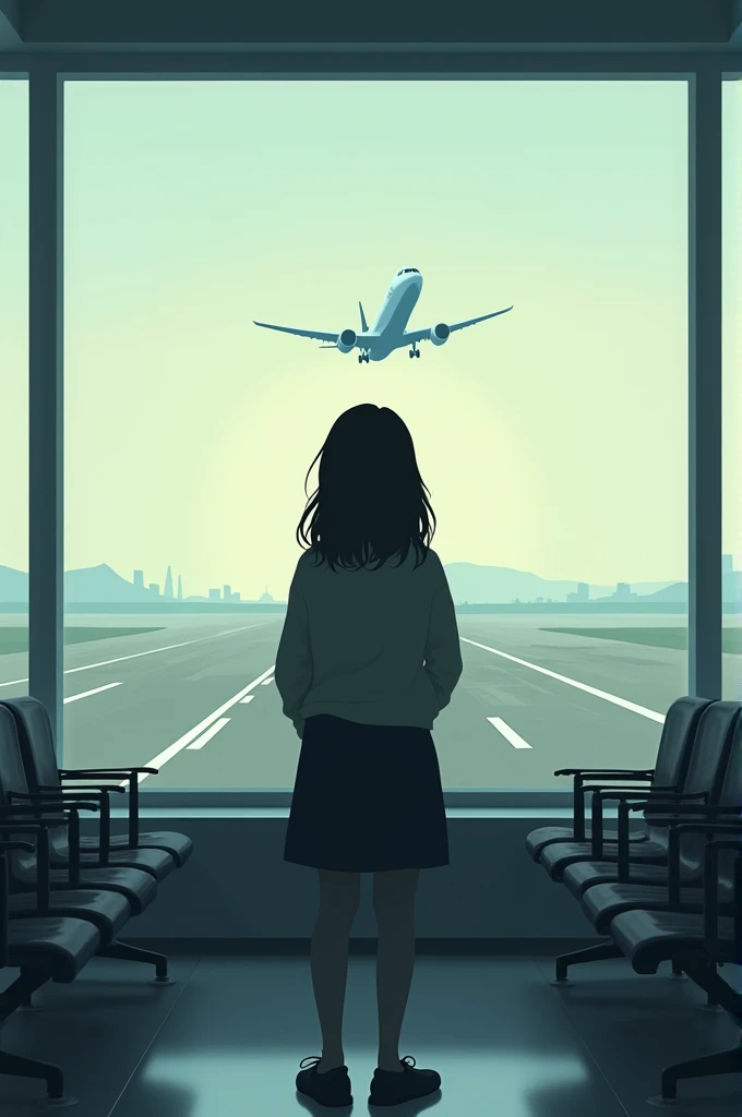 Create a cover image where a girl is waiting from backside and looking thinking and waiting at airport waiting room and one plane is flying in air showing runway. This image is for the book cover. Make it artistic