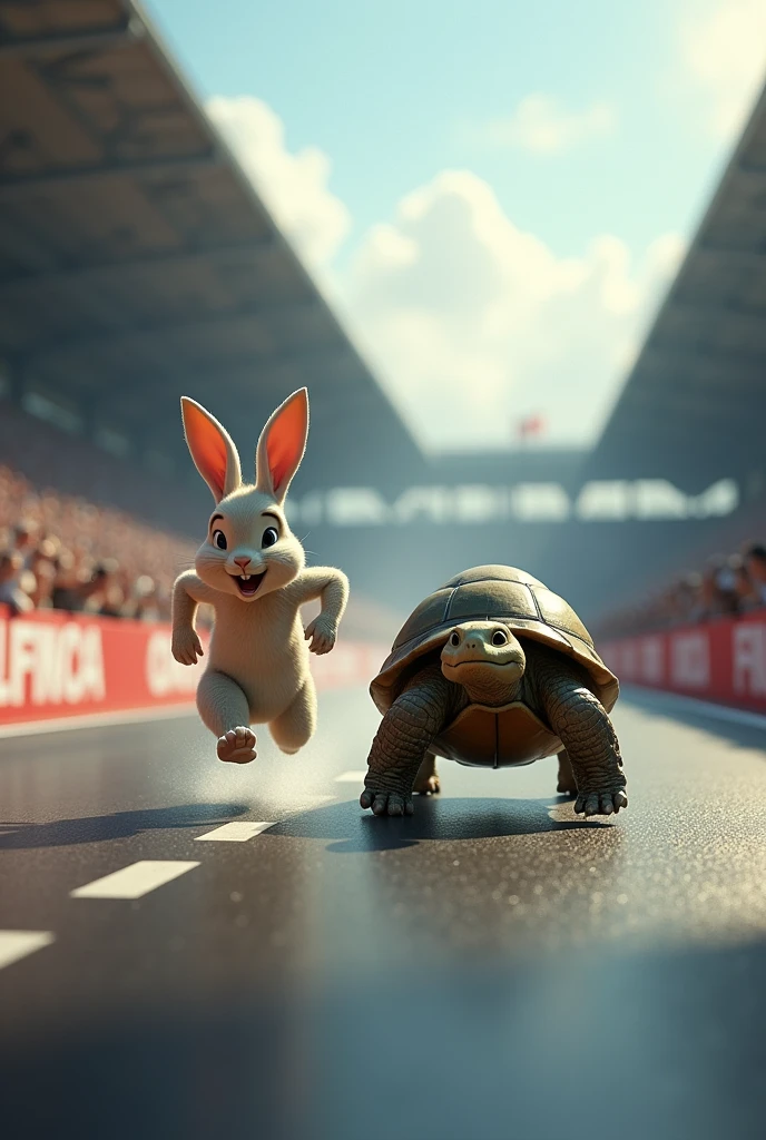 Draw a long race track, with the rabbit running fast ahead, show confidence. The turtle is starting from behind., look very focused and determined.