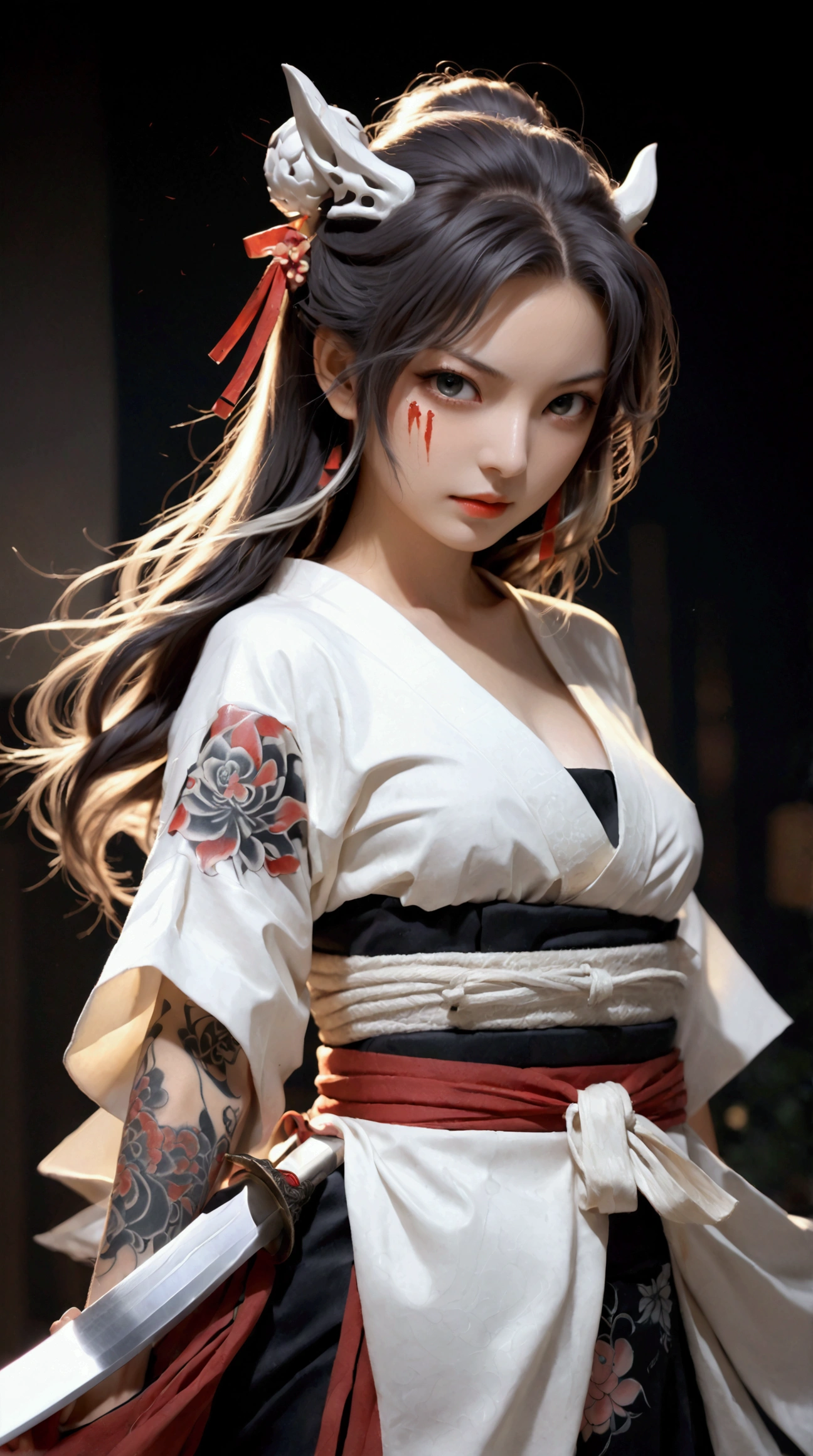 (Japanese sword &reference;Muramasa 2&reference;.2)Two beautiful women、Japanese swordを持った女性、Shinobi Costume、Warrior、Clear Eyes、{Arm tattoo、Warrior、Realistic battle scenes、敵Warriorの返りBlood、Blood、High resolution、Highest quality、Very detailed、8k、background、