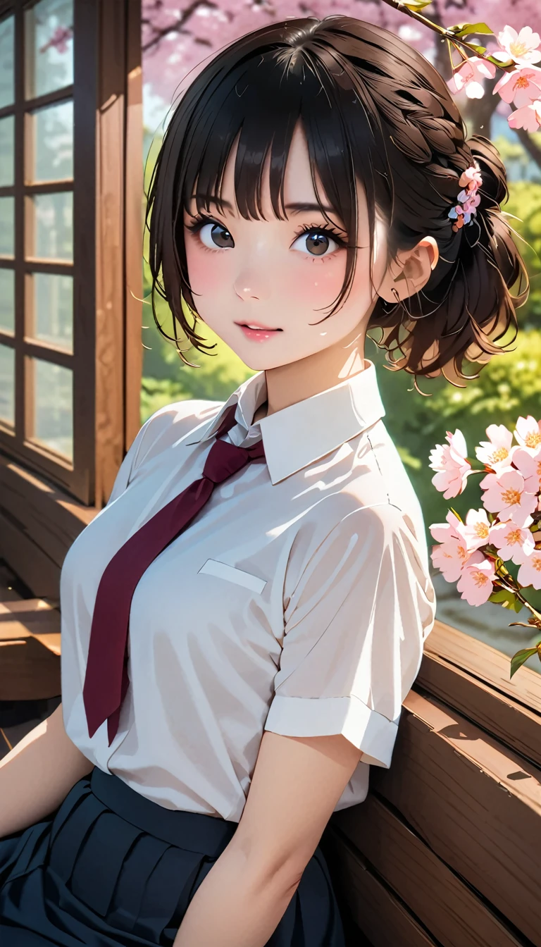 (Tabletop, Highest quality:1.2), 8k, 18-year-old, 85mm, Official Art, RAW Photos, Absurd, White dress shirt, Cute face, close, Upper Body, Viola Lace, Gardenia, beautiful girl, (Dark red tie:1.1)、(Navy Pleated Skirt:1.1), Squeeze the waist, Thighs, Short sleeve, classroom, ponytail、short hair、short hair、high school girl、 Looking at the audience, No makeup, (smile:0.4), Film Grain, chromatic aberration, Sharp focus, Face Light, Bright lighting, Teen, Cinematic Lighting Effects、charm、Cute and quirky、Fantasy art、Bokeh、Soft lighting、4K resolution、 Photorealistic Rendering、Very detailed、A realistic masterpiece、Professional photography、 ((背景のBokeh,日本の学校のclassroom、classroom、Cherry tree seen from the window))、