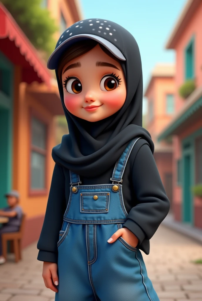 Cartoon A girl wearing black hijab with cap and blue dress with jeans pants 
