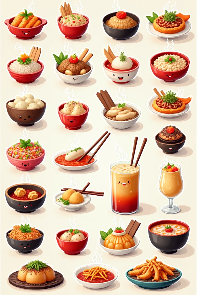 Show me a template with 25 animated Chinese and Japanese food stickers 