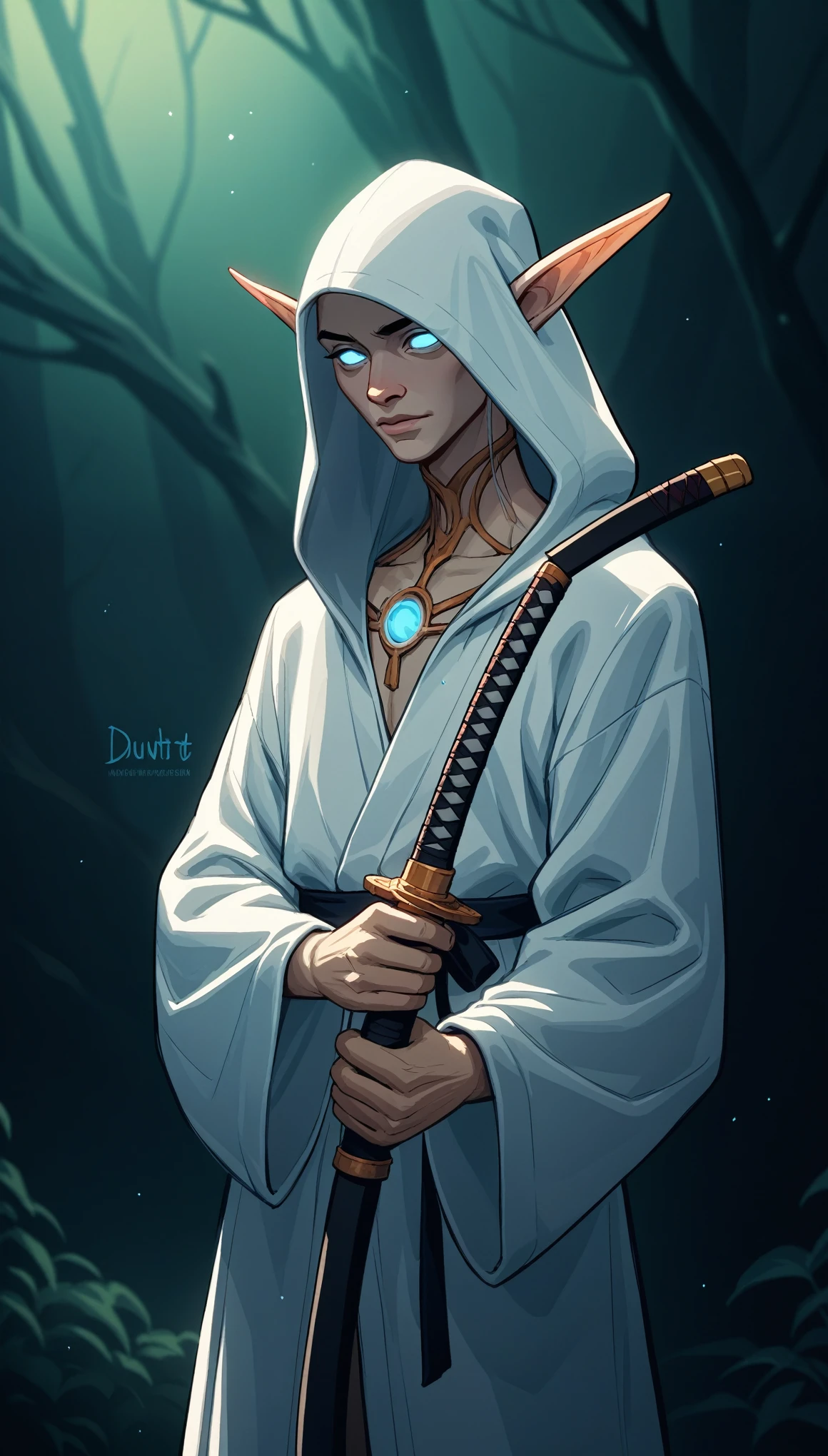 score_9, score_8_up, score_7_up, score_6_up, score_5_up, score_4_up, BREAK source_anime, source_anthro, rating_safe, [rating_explicit],

Mummified elf wearing a white hooded robe with ears spilling out, He wields a katana and in place of his eyes are two small, discreet, luminous orbs..