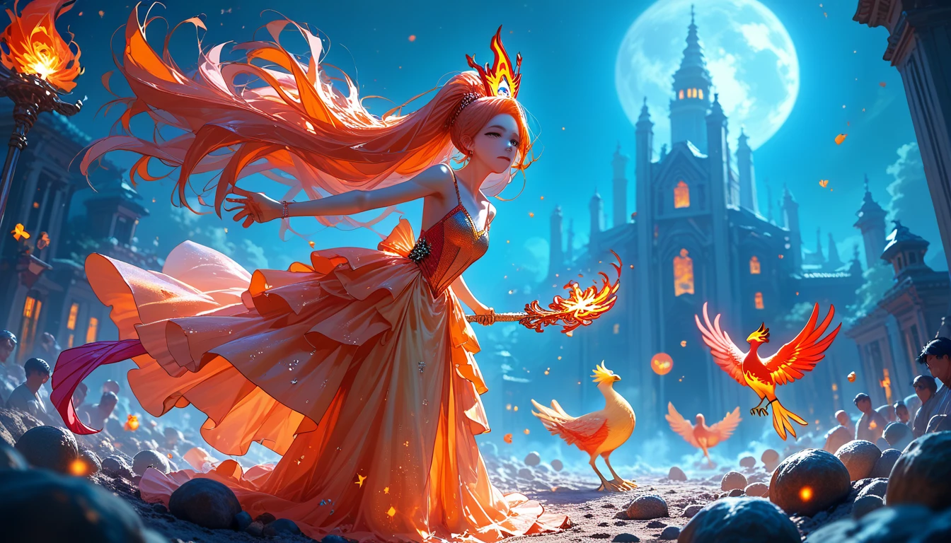 check_9, check_8_up,check_7_up, masterpiece, Best quality, Ideal Anatomy, very aesthetic, official art, 8 K,one girl, anime, fabulous, sexual, Dress Shimmers With Different Colors, sparkles, long hair, pfstyle, fire phoenix, Lies Nearby, Glows in the dark, darkness, Epic picture, bright colors, Zavarazivaet Vid, Phoenix Majestic, Fighting Evil, night, stars, The scale of the painting is enormous.., masterpiece, Best quality, maximum details, The dust rises,