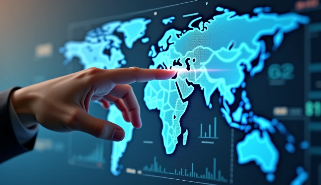 Create a hyper-realistic scene where a person's hand is interacting with a transparent holographic display. The display should show advanced financial data, including dynamic line graphs, bar charts, and real-time stock market figures. The background features a soft blue gradient, evoking a modern, high-tech atmosphere. Subtle reflections and light effects should enhance the realism of the holographic interface, with elements like a world map and data points scattered across the screen. The entire scene should feel futuristic and professional, as if set in a cutting-edge financial institution