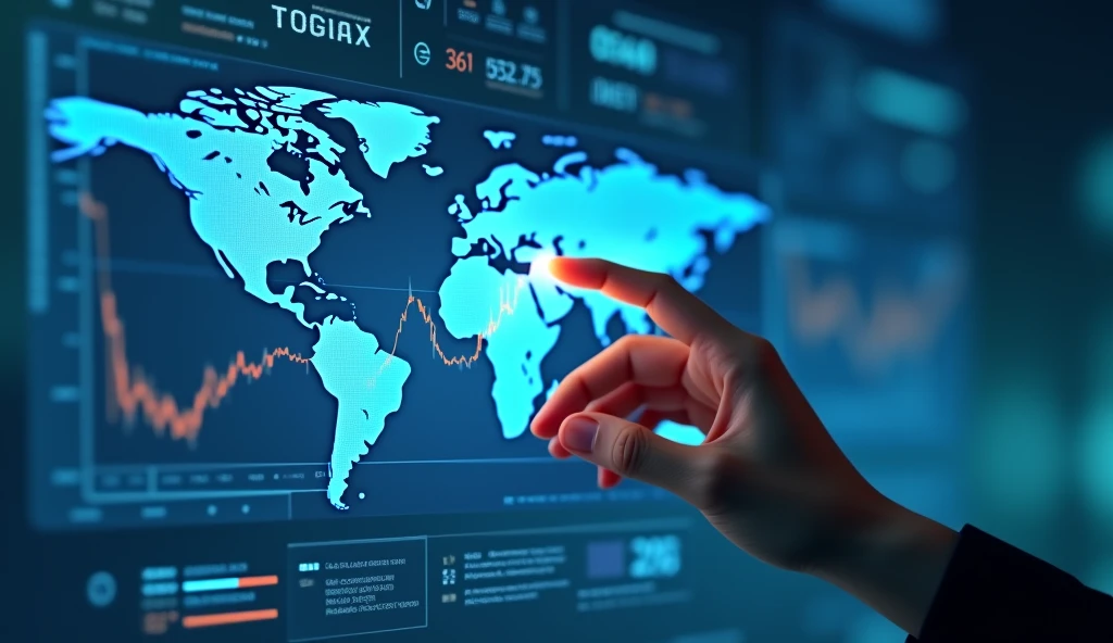 Create a hyper-realistic scene where a person's hand is interacting with a transparent holographic display. The display should show advanced financial data, including dynamic line graphs, bar charts, and real-time stock market figures. The background features a soft blue gradient, evoking a modern, high-tech atmosphere. Subtle reflections and light effects should enhance the realism of the holographic interface, with elements like a world map and data points scattered across the screen. The entire scene should feel futuristic and professional, as if set in a cutting-edge financial institution