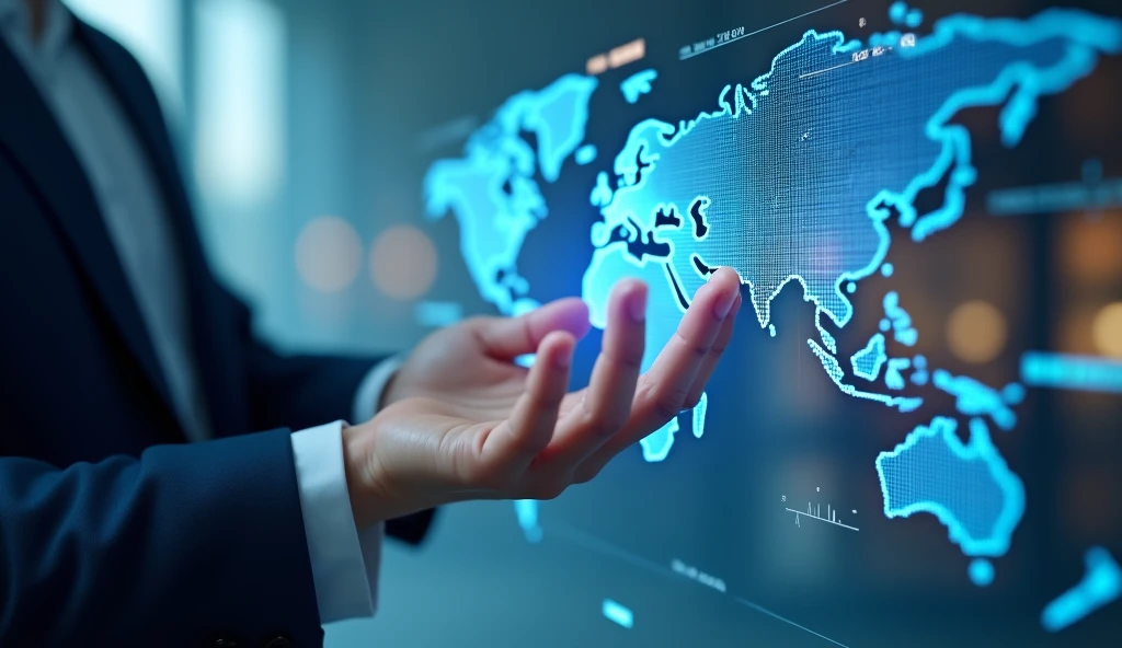 Create a hyper-realistic scene where a person's hand is interacting with a transparent holographic display. The display should show advanced financial data, including dynamic line graphs, bar charts, and real-time stock market figures. The background features a soft blue gradient, evoking a modern, high-tech atmosphere. Subtle reflections and light effects should enhance the realism of the holographic interface, with elements like a world map and data points scattered across the screen. The entire scene should feel futuristic and professional, as if set in a cutting-edge financial institution